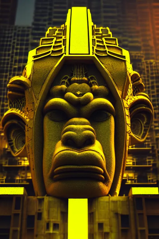 Image similar to high quality 3 d render hyperrealistic cyberpunk brutalist hanuman head building, neon yellow madhubani, highly detailed, in sci - fi mumbai, unreal engine cinematic smooth, liam wong, moody light, low angle, uhd 8 k, sharp focus