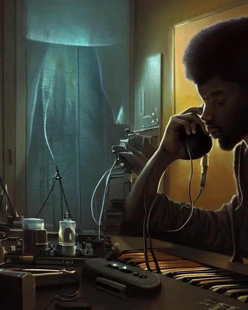 Image similar to light skin black man with headphones at his home studio producing music late at night, very detailed, 4 k, concept art like ernest khalimov, intricate details, highly detailed by greg rutkowski, ilya kuvshinov, gaston bussiere, craig mullins, simon bisley