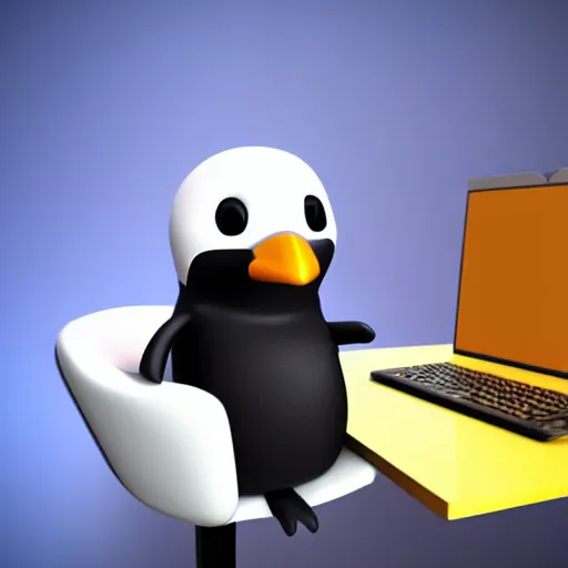 Image similar to pingu sitting behind a computer, 3 d render,, art, epic lighting