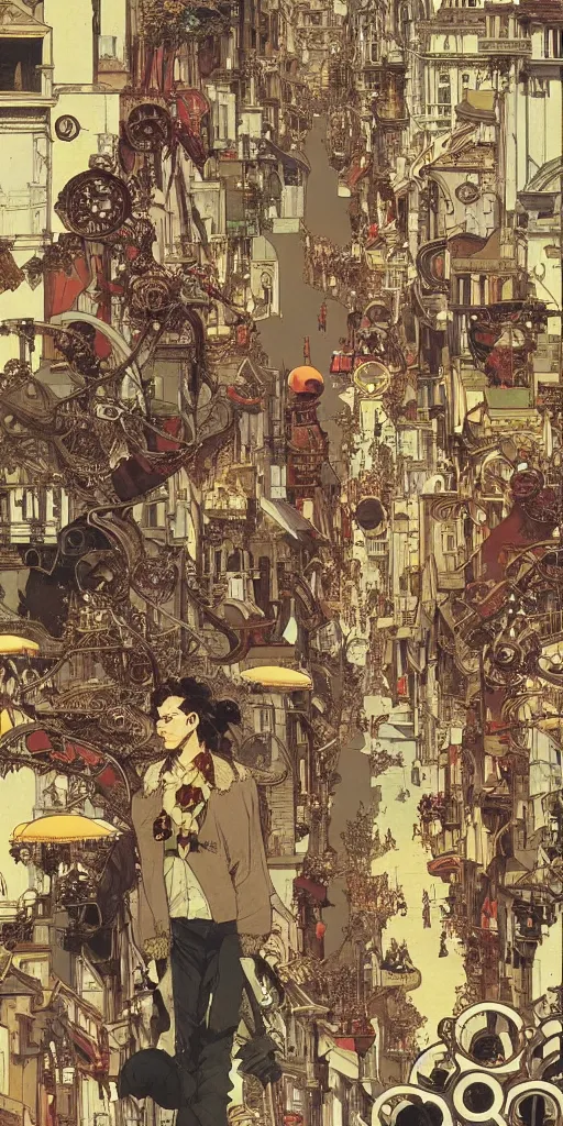 Prompt: a street of a big flying steam punk city full of people with strange costumes, anime manga illustration detailed art Geof Darrow and Phil hale and Ashley wood and Ilya repin alphonse mucha pop art nouveau
