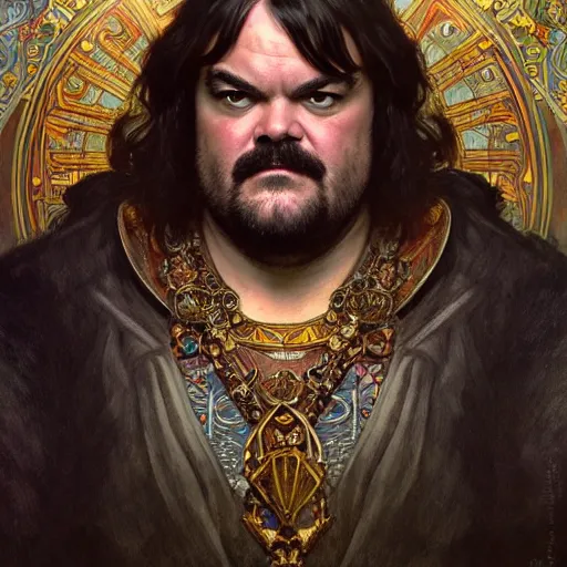 Image similar to full portrait of jack black as king friday, fantasy, d & d, intricate, detailed, by by alphonse mucha, adolfo hohenstein, alice russell glenny, stanley artgerm lau, greg rutkowski, detailed, trending on artstation, trending on artstation, smooth