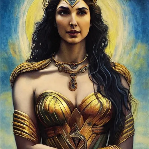 Image similar to Full body oil painting of the beautiful goddess Gal Gadot as hera, she is wearing roman clothes and a surreal jewelry, her hair is natural disheveled, she is approaching heaven over the clouds, naturalism, dramatic lighting, high-detailed oil painting by Ilya Repin, Michelangelo da Caravaggio, William Blake, Alex Grey and Beksinski, trending on Artsation, hystorical painting, naturalism, masterpiece, 4k, 8k,