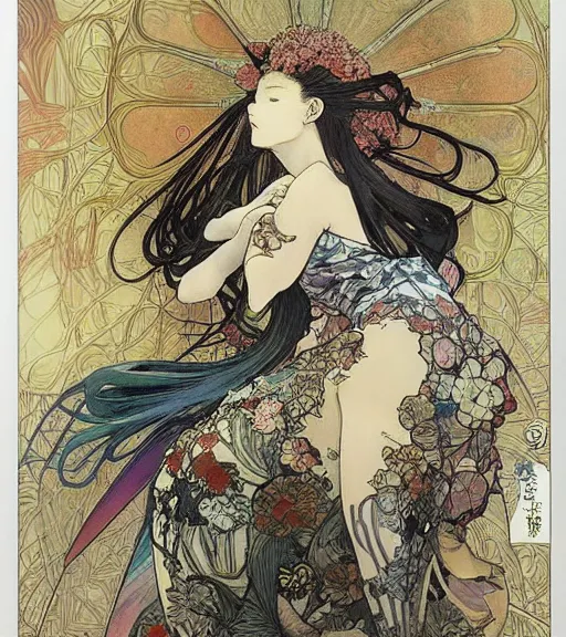 Image similar to yoshitaka amano painting of an anime woman, intricate line drawings, pen and ink, alphonse mucha, claire wendling, kentaro miura