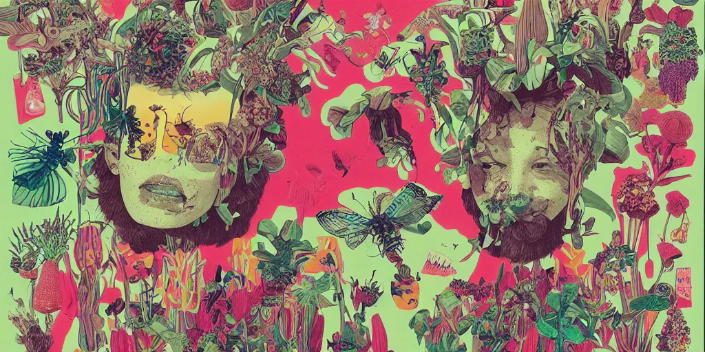 Image similar to gigantic head floating above huge insects, tiny robots, a lot of exotic flowers and plants, risograph!!!, flat surreal design, super - detailed, a lot of tiny details, fullshot, by luigi serafini