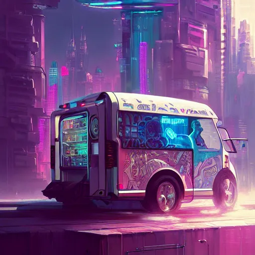 Image similar to a cyberpunk ice cream truck digital painting, intricate, elegant, highly detailed, artstation, concept art, matte, sharp focus, illustration, art by Artgerm and Greg Rutkowski and Alphonse Mucha