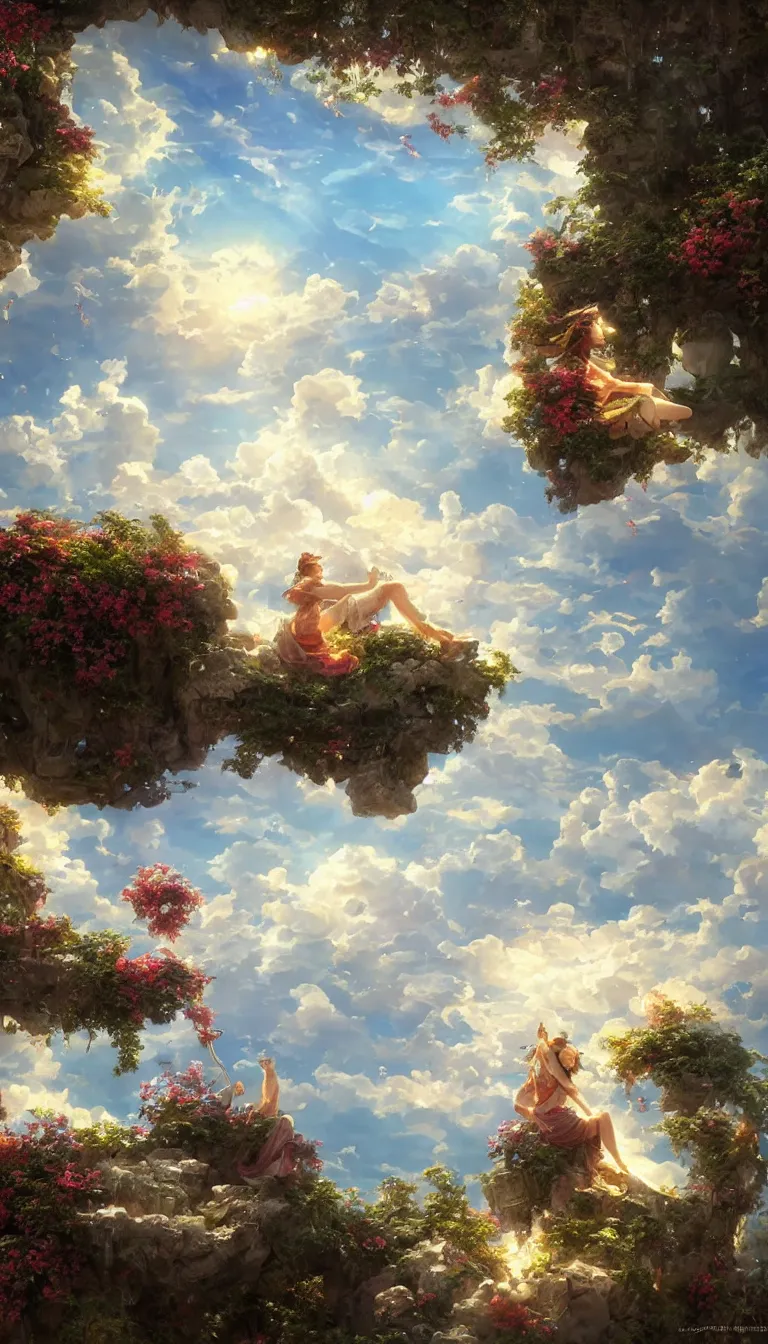 Image similar to wind deity enjoying the view from his stone heavenly palace, decorated with windchimes and paper lanterns, stunning nature and clouds in background, digital art, detailed, volumetric lighting, octane render by anime, stanley artgerm lau, greg rutkowski, thomas kindkade, alphonse mucha, loish, norman rockwel, highly detailed