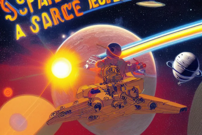 Image similar to an illustration of a space hero with a laser blaster with Saturn filling the background, golden age of sci-fi book cover, by Moebius, 4k, highly detailed
