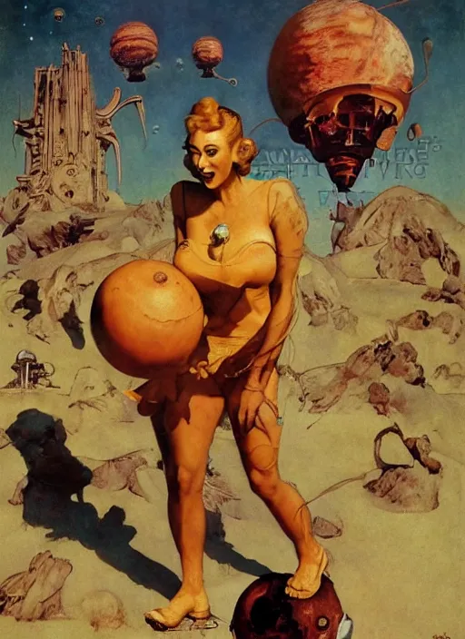 Image similar to 5 0 s pulp scifi fantasy illustration venusian alien in village on venus, by norman rockwell, roberto ferri, daniel gerhartz, edd cartier, jack kirby, howard v brown, ruan jia, tom lovell, frank r paul, jacob collins, dean cornwell, astounding stories, amazing, fantasy, other worlds