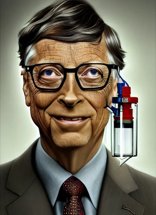 Image similar to bill gates with reptile eyes!!!, vertical pupil!!!, lizard skin, holding a syringe!!, portrait, intricate, elegant, highly detailed, digital painting, artstation, concept art, wallpaper, smooth, sharp focus, illustration, art by h. r. giger and artgerm and greg rutkowski and alphonse mucha