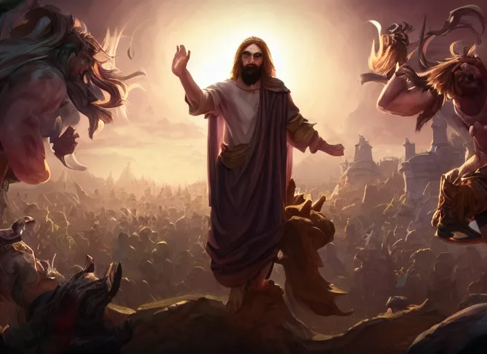 Prompt: jesus christ character concept art, digital illustration, trending on artstation, intricate details, epic composition, sharp focus, 8 k uhd, masterpiece, league of legends splash art