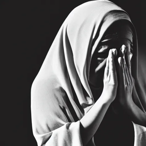 Image similar to 55mm photo of a shrouded sobbing woman praying the rosary