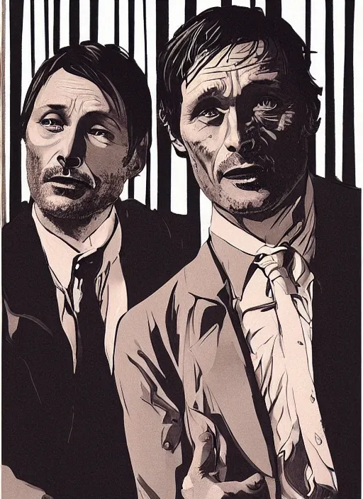 Prompt: portrait of Mads Mikkelsen and Hugh Dancy holding hands romantically as they chaperone school dance by Michael Whelan, Bob Larkin and Tomer Hanuka, simple illustration, domestic, nostalgic, clean, Matte painting, trending on artstation and unreal engine, New Yorker magazine cover, 1980s romance book cover