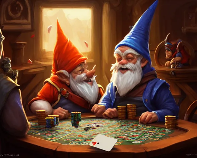 Image similar to gnomes playing poker, deep focus, d & d, fantasy, intricate, elegant, highly detailed, digital painting, artstation, concept art, matte, sharp focus, illustration, hearthstone, art by artgerm and greg rutkowski and alphonse mucha