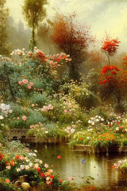 Image similar to detailed painting of a modern marble botanical sanctuary, flowers and plants blooming, trees, autumn, spring, winter, summer, filigree ornaments, andreas achenbach