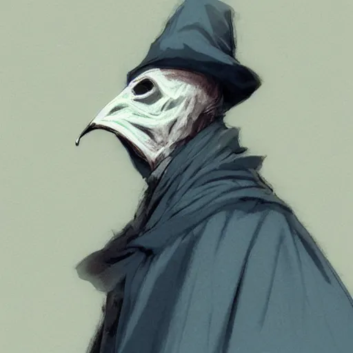 Image similar to a color pencil sketch of a mysterious plague doctor with a white mask wearing a blue wisards robe, concept art, by greg rutkowski and makato shinkai, by melmoth zdzislaw belsinki craig mullins yoji shinkawa, black light, semi - realistic render, pencil, paint smears, realistic manga, dramatic lighting, d & d design