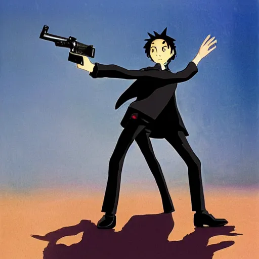 Image similar to a man in black posing while holding a pistol, by Studio Ghibli