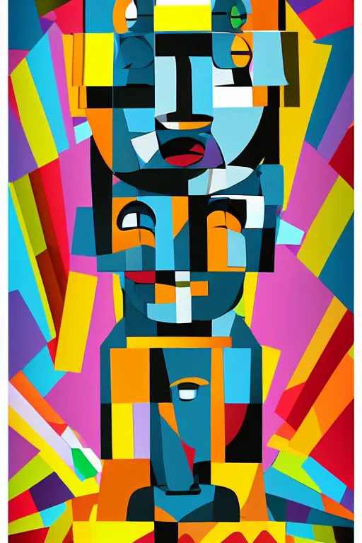 Image similar to cubist moai statue cutout digital illustration cartoon colorful beeple