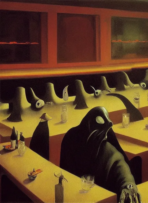 Prompt: plague doctor sitting at a crowded restaurant Edward Hopper and James Gilleard, Zdzislaw Beksinski highly detailed