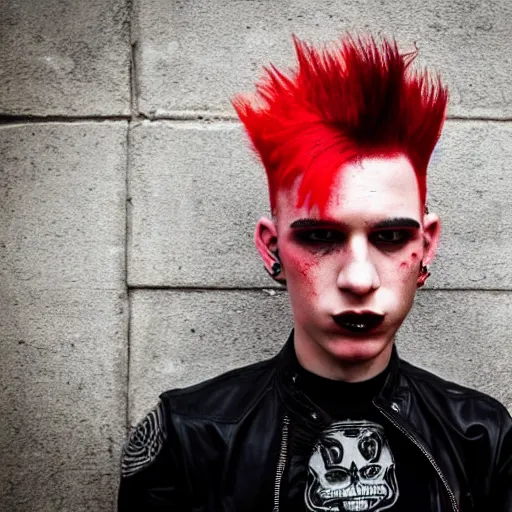 Image similar to young man with a red dyed mohawk, dressed in punk clothing, punk style, crustpunk, portrait photo, attractive, handsome