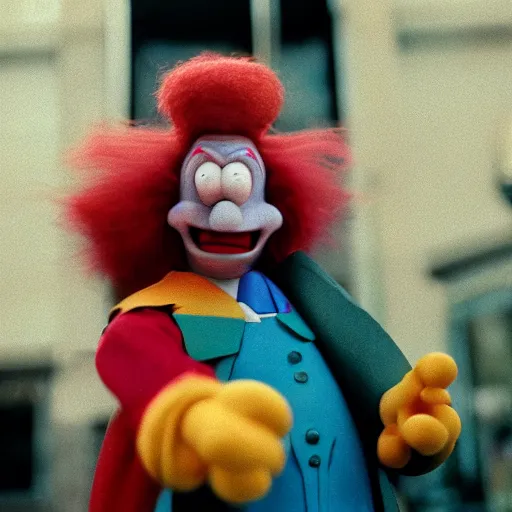 Prompt: still image of krusty the clown from the simpsons in the dark knight, cinematic, anamorphic, 8 0 mm f / 2. 8, real, 3 5 mm film, movie