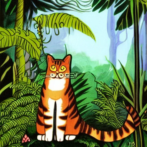 Image similar to a cat in a jungle landscape, by Jim Davis