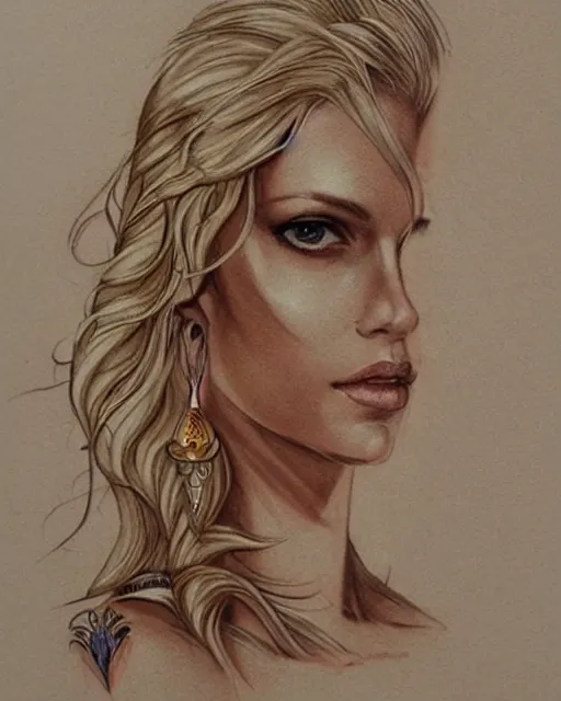 Image similar to tattoo sketch of beautiful greek goddess aphrodite with arrow earrings, beautiful piercing eyes, flowing blonde hair, realistic face, hyper realistic, in the style of greg rutkowski, fantasy, amazing detail, epic, intricate, elegant, smooth, sharp focus