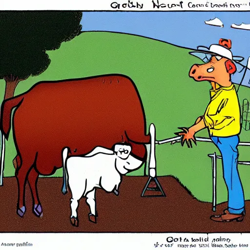 Image similar to a cow points at a bucket, illustrated by gary larson