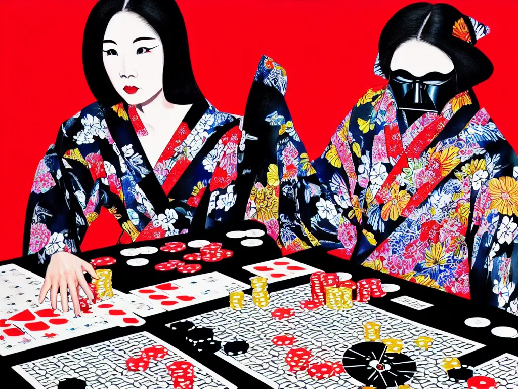 Image similar to hyperrealism composition of the detailed woman in a japanese kimono sitting at an extremely detailed poker table with darth vader, fireworks and folding screen on the background, pop - art style, jacky tsai style, andy warhol style, acrylic on canvas