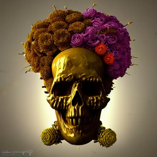 Image similar to a golden skull face african electric shaman with an afro made of flowers, third eye art art by machina infinitum, complexity from simplicity, rendered in octane, mandelbulb 3 d, ambient occlusion, macro photography, tribal, retrowave