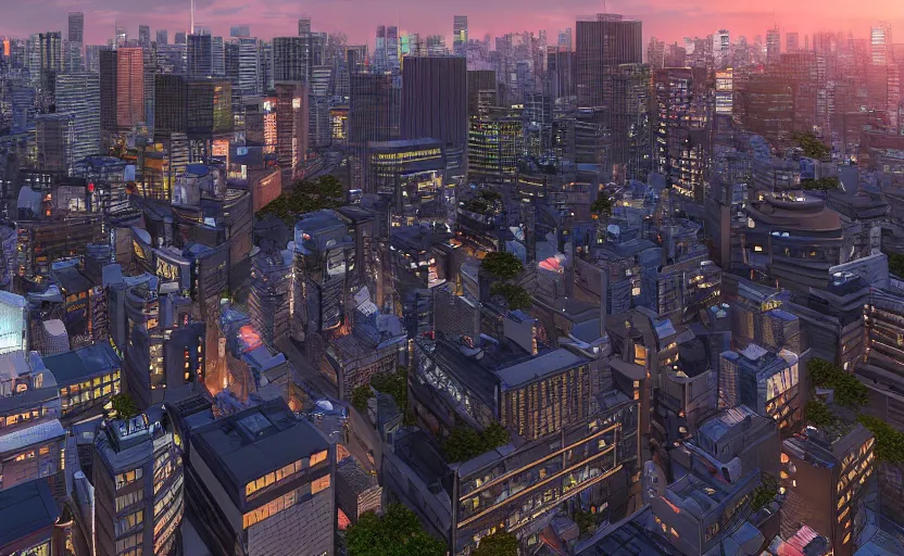 Image similar to unreal engine 5 hdr render of tokyo city from a rooftop view, sunset lighting, hyper realism, realistic shading, cinematic composition, blender render, octane render, hdr, detailed textures, photorealistic, ultrawide shot, 1 6 mm lens