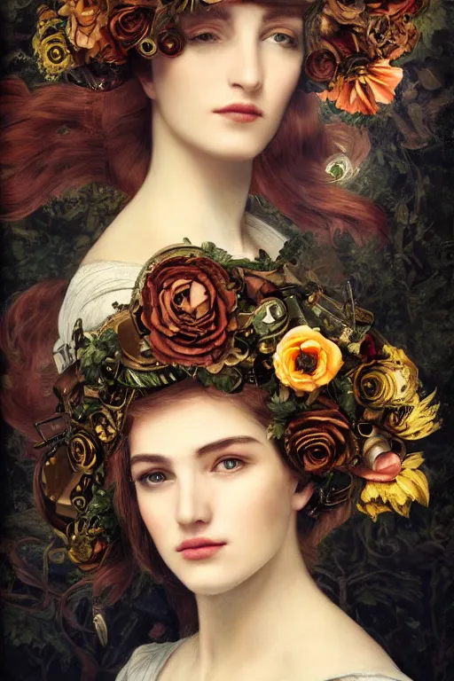 Image similar to close-up portrait of a beautiful young cyborg woman with a big steampunk flower crown, Pre-Raphaelite