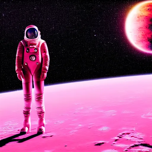 Image similar to A wide angle shot from below of a female astronaut with a feminine body walking with swagger towards camera on mars in an infinite universe , synthwave digital art