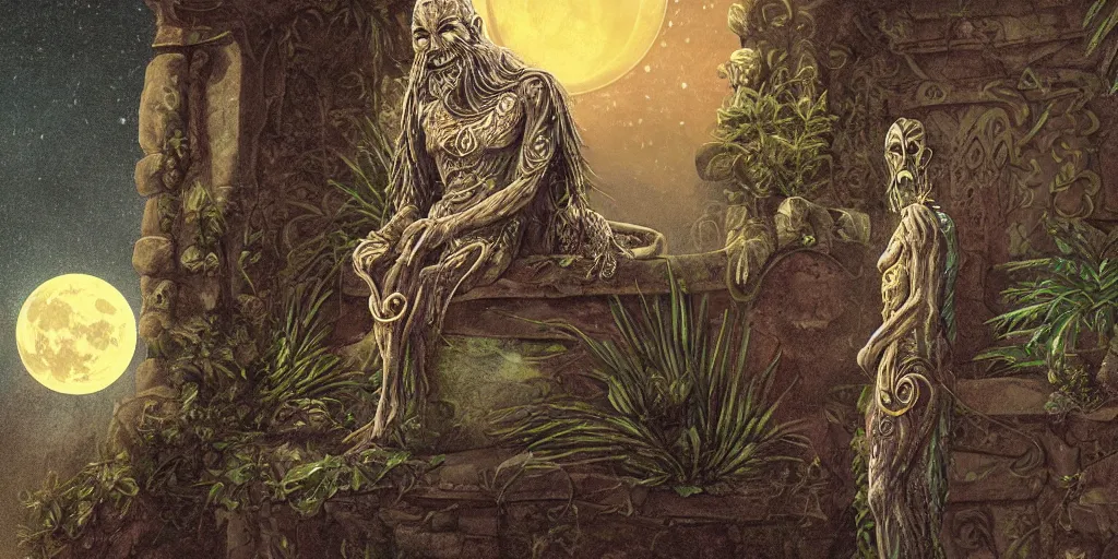 Image similar to a detailed digital art of a stoned ancient celtic god alien on a balcony, outside alone smoking weed, a tropical mountain on a full moon night with dark clouds in the skies, artstation, ornate, award - winning art, 8 k, vivid color scheme, tilt shift focus, wide angle shot