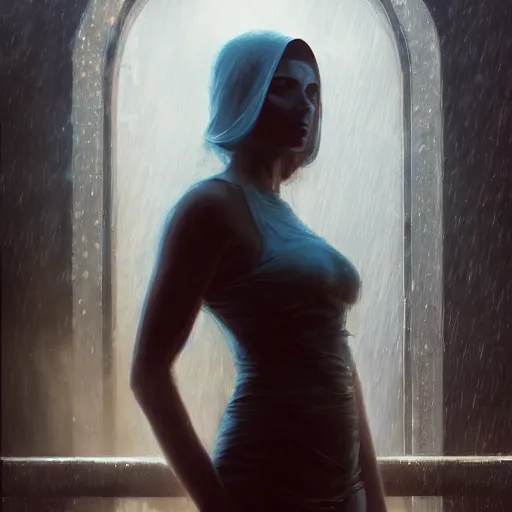 Image similar to detailed face of a woman, moment, courtyard, capital, cyberpunk mosque interior, control panel, watcher, omniscient, tech noir, wet reflections, atmospheric, ambient, speed painting, livia prima, greg rutkowski, edward hopper