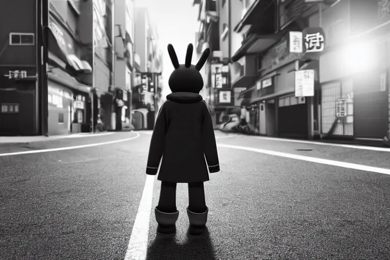 Image similar to still photo of a japanese anime mascot on the street, black and white color aesthetic, highly detailed, photorealistic portrait, bright studio setting, studio lighting, crisp quality and light reflections, unreal engine 5 quality render