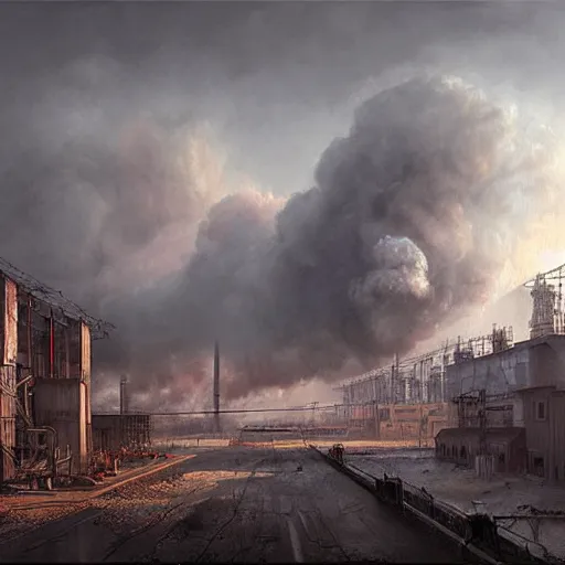 Image similar to a painting of a factory with smoke pouring out of it, a detailed matte painting by jonas de ro, cgsociety, nuclear art, dystopian art, apocalypse art, apocalypse landscape