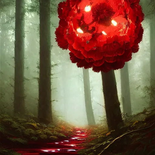 Image similar to A highly detailed oil painting of a blood red, crystal flower glowing bright red in the middle of a dark forest, by Greg Rutkowski.