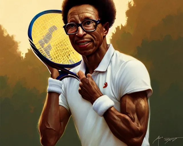 Prompt: mindblowing, arthur ashe playing tennis, deep focus, beautiful, highly detailed, digital painting, artstation, concept art, matte, sharp, illustration, hearthstone, art by artgerm and greg rutkowski and alphonse mucha