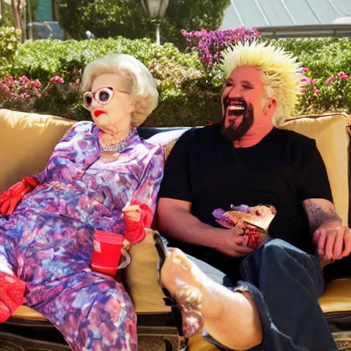 Image similar to betty white sunbathing with guy fieri