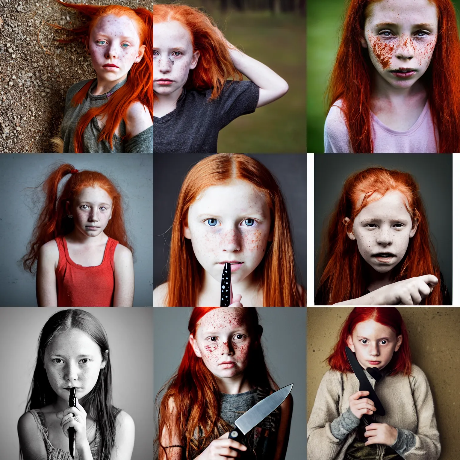 Prompt: Photograph of a 10 year old girl holding a knife in the style of Annie Leibovitz, red hair, freckles