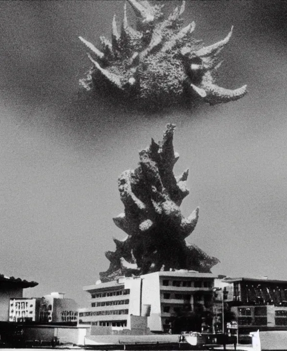 Image similar to Pulgasari the North Korean starfish monster destroying Pyongyang city, volumetric lighting, filmstill, produced by Kim Jong-il, Kodachrome, kaiju-eiga, monster movie, communist propaganda, film noir, 35mm film grain, Cooke Varotal 20-100mm T3.1, monochrome, in the style of Ishirō Honda and Akira Kurosawa