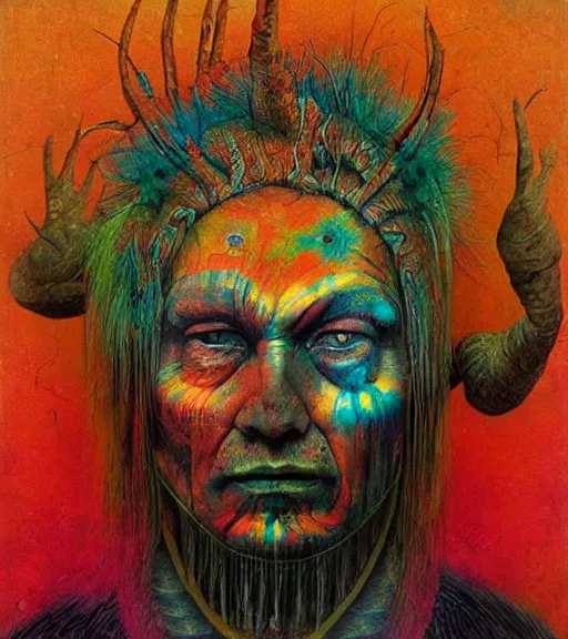 Image similar to Portrait painting in a style of Beksinski mixed with Alex Grey of an old shaman dressed in a colorful traditional clothes. psychodelic