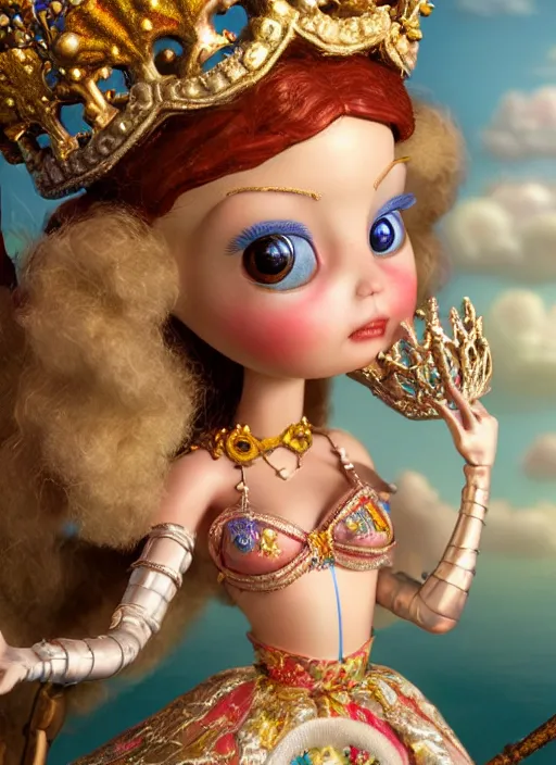 Image similar to highly detailed closeup, profile portrait of a tin toy fairytale princess wearing a crown, bikini, unreal engine, nicoletta ceccoli, mark ryden, earl norem, lostfish, global illumination, detailed and intricate environment