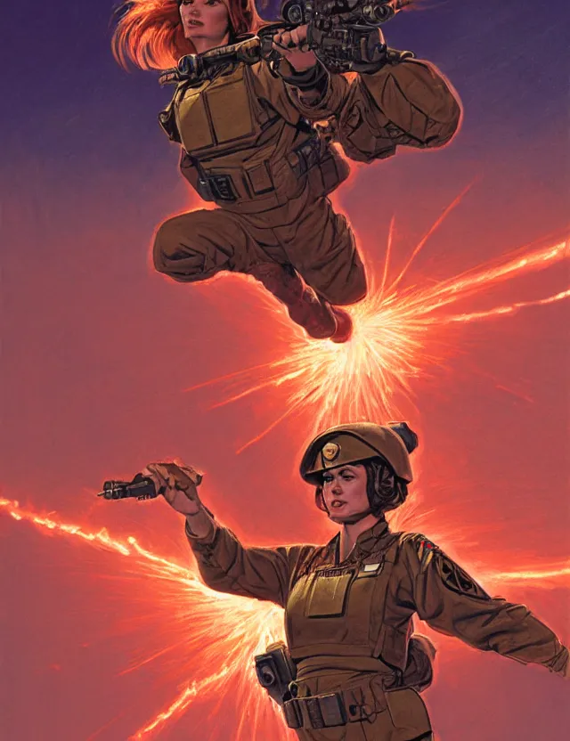 Image similar to a brown - haired woman in a military uniform hovering in the air glowing with red light and crackling energy, by frank fazetta and moebius, trending on artstation, digital art, 4 k resolution, detailed, high quality, sharp focus, hq artwork, coherent, insane detail, concept art, character concept, character full body portrait