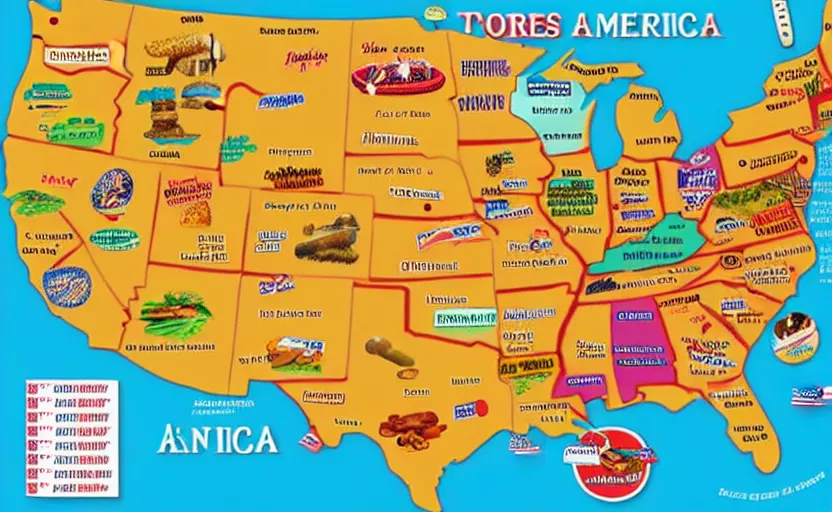 Image similar to hot dogs across america map, detailed, map key, tourist map, brochure