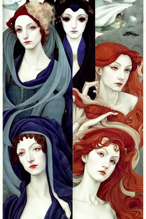 Image similar to 3 Winter Deities, (one representing each month of December, January, and February), in a mixed style of Æon Flux, Peter Chung, Botticelli, and John Singer Sargent, inspired by pre-raphaelite paintings, shoujo manga, and cool Japanese street fashion, sparse Winter landscape, dark and moody colors, hyper detailed, super fine inking lines, dramatic color, 4K extremely photorealistic, Arnold render