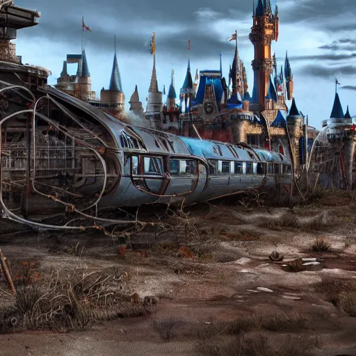 Prompt: post - apocalyptic magic kingdom, wasteland, barren, monorail, abandoned, walt disney world, highly detailed, intricate, 8 k