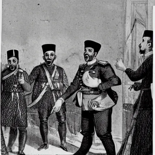 Image similar to a Propaganda image of a Tunisian man screaming at the Ottoman Sultan,