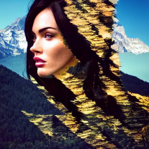 Image similar to double - exposure effect of megan fox face and beautiful mountains, mash up, blending, in the style of dan mountford