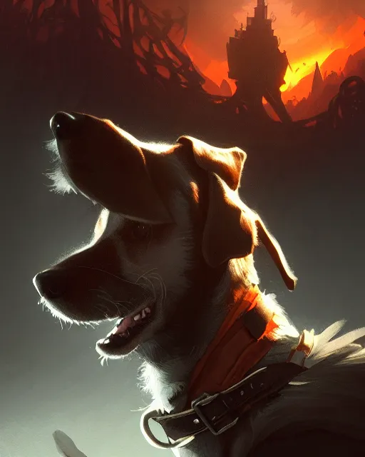 Image similar to Dog Rogue, looking at apple, portrait, D&D, artstation, fantasy, magic the gathering artwork, cinematic lighting, centered, symmetrical, highly detailed, digital painting, , concept art, smooth, sharp focus, illustration, volumetric lighting, epic Composition, 8k, art by Akihiko Yoshida and Greg Rutkowski and Craig Mullins, oil painting, cgsociety